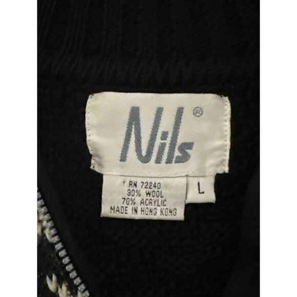 VTG Nils 1/4 Zip Tassel Sweater L Black Floral Design Winter Ski Lodge Cabin - Picture 10 of 15